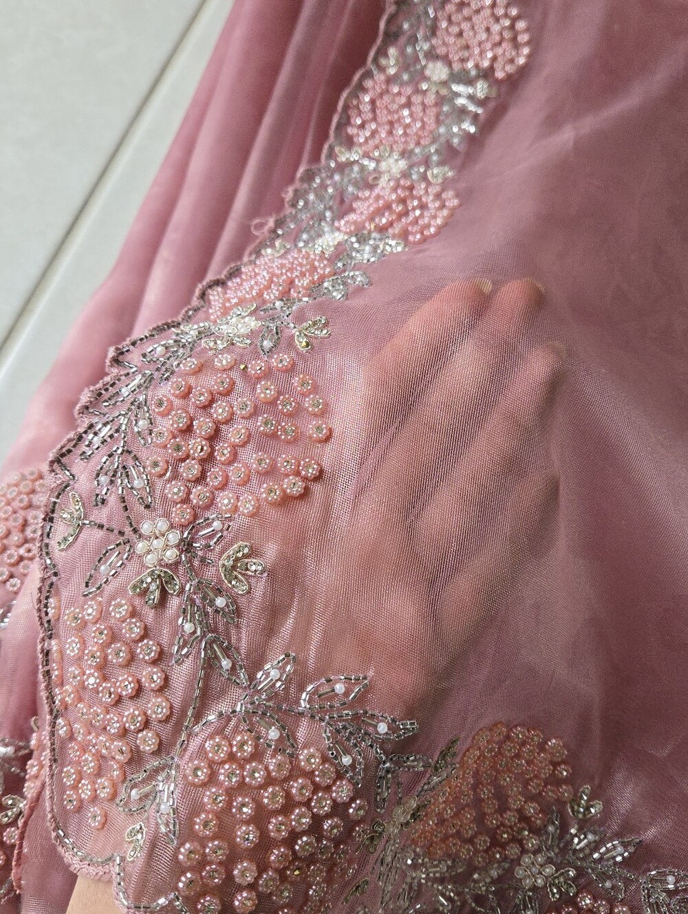 3 Pc Ready to Wear M Modern Soft Organza Saree Shiny Pink Stitched Blouse - Picture 7 of 12